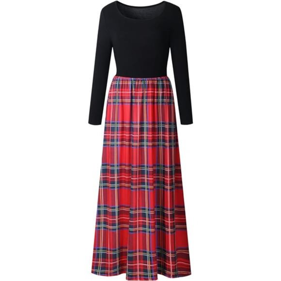 Women's Long Sleeve Plaid‎ Empire Waist Full Length Maxi Dress with Pockets - Picture 5 of 6